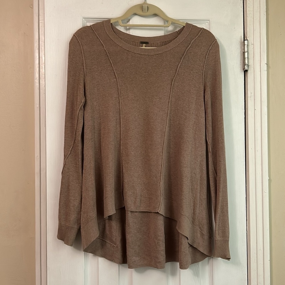 Free People High Low Mesh Knit Back Lightweight Tan Flowy Sweater XS